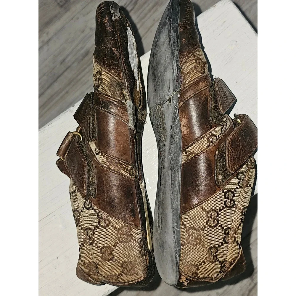 Gucci s GG Monogram Canvas Leather Double Strap Sneakers Brown Men 38.5 094130
